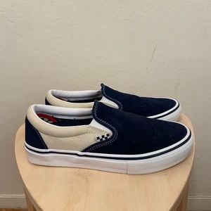 Vans Navy and Cream Skate Slip Ons - Men’s size 7/Women’s size 8.5